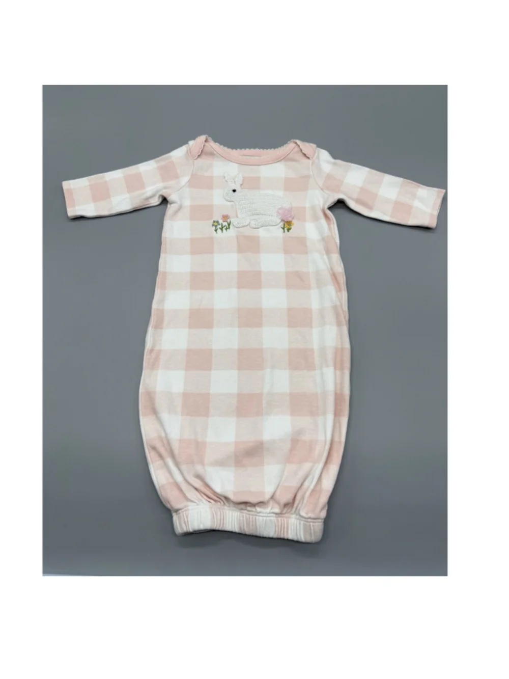 Mud Pie Pink White Checked Bunny Embroidered Gown 0-3M Long Sleeve